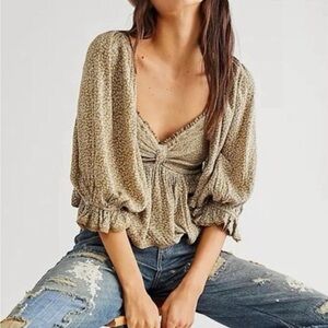 Free People Textured Beige Blouse with Puff Sleeves